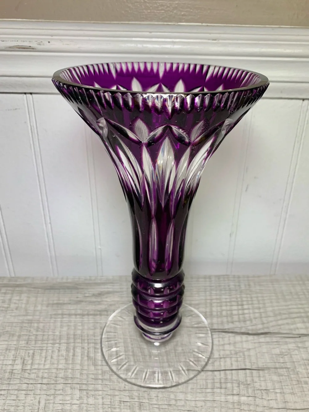 Vintage Bohemian Amethyst Cut To Clear Trumpet Flared Footed Vase